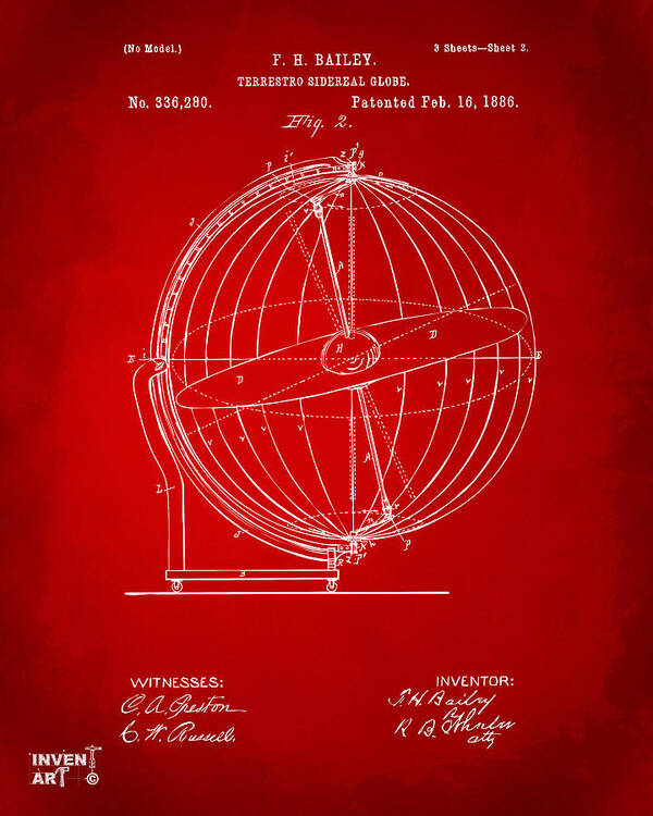 Globe Art Print featuring the digital art 1886 Terrestro Sidereal Globe Patent 2 Artwork - Red by Nikki Marie Smith