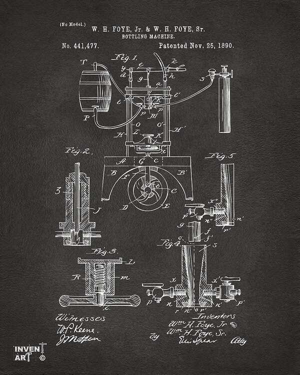 Bottling Machine Art Print featuring the digital art 1890 Bottling Machine Patent Artwork Gray by Nikki Marie Smith