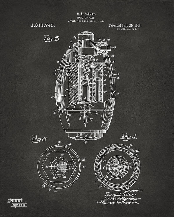Grenade Art Print featuring the digital art 1919 Hand Grenade Patent Artwork - Gray by Nikki Marie Smith