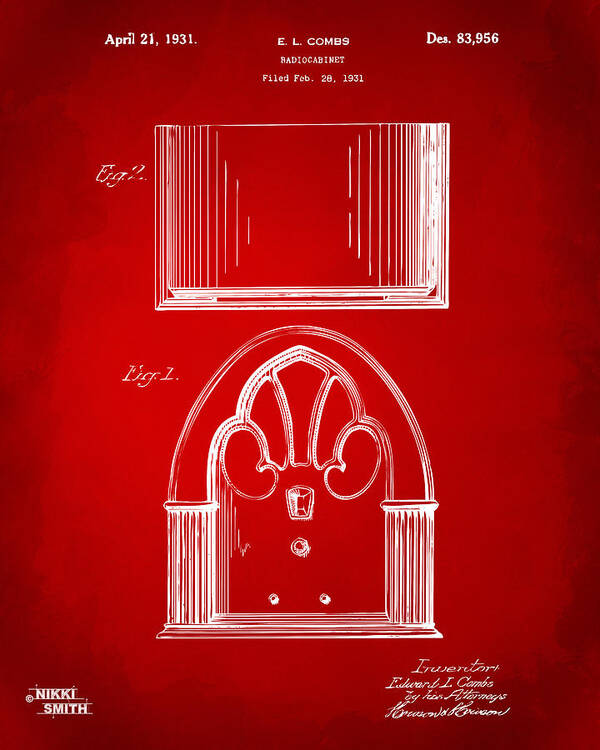 Radio Art Print featuring the drawing 1931 Philco Radio Cabinet Patent Artwork - Red by Nikki Marie Smith