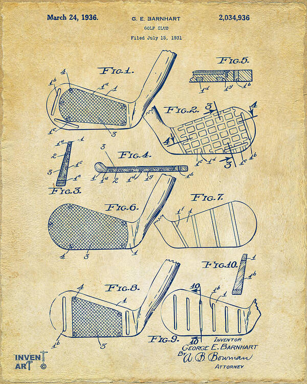 Golf Art Print featuring the digital art 1936 Golf Club Patent Artwork Vintage by Nikki Marie Smith