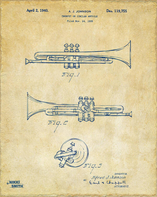 Trumpet Art Print featuring the drawing 1940 Trumpet Patent Artwork - Vintage by Nikki Marie Smith