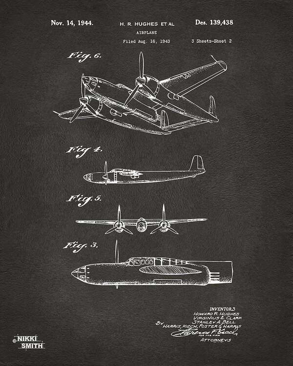 Howard Hughes Art Print featuring the digital art 1944 Howard Hughes Airplane Patent Artwork 2 - Gray by Nikki Marie Smith