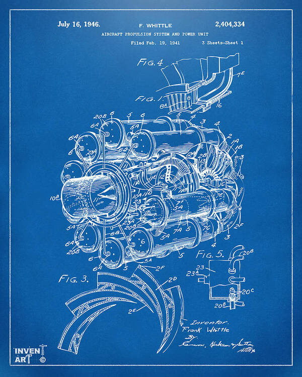 Jet Art Print featuring the digital art 1946 Jet Aircraft Propulsion Patent Artwork - Blueprint by Nikki Marie Smith