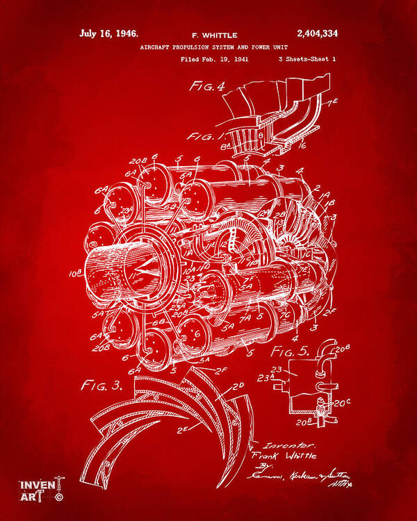 Jet Art Print featuring the digital art 1946 Jet Aircraft Propulsion Patent Artwork - Red by Nikki Marie Smith