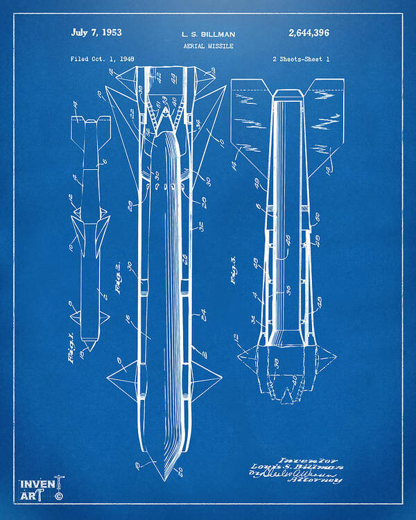 Aerial Missle Art Print featuring the digital art 1953 Aerial Missile Patent Blueprint by Nikki Marie Smith