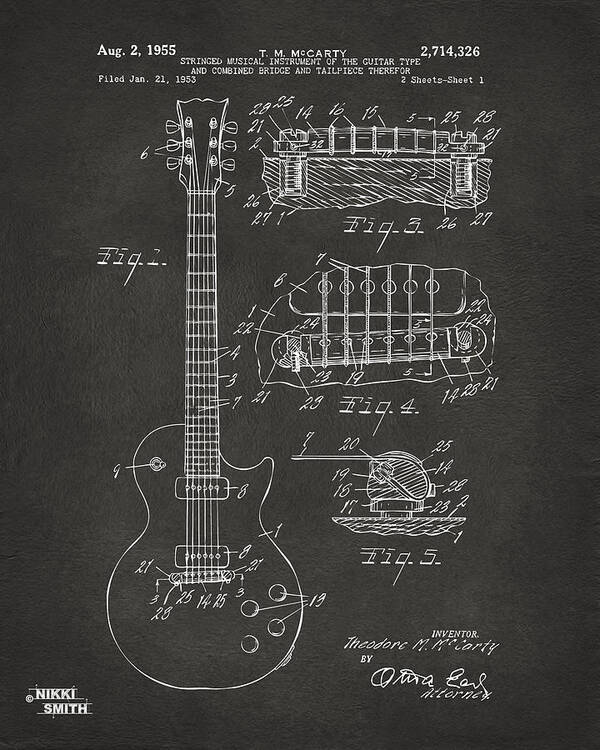 Guitar Art Print featuring the digital art 1955 McCarty Gibson Les Paul Guitar Patent Artwork - Gray by Nikki Marie Smith