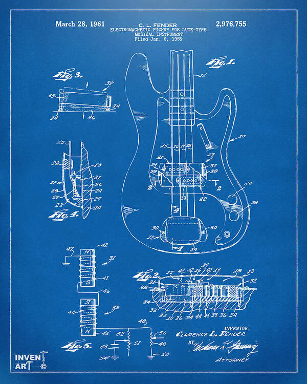 Guitar Art Print featuring the digital art 1961 Fender Guitar Patent Artwork - Blueprint by Nikki Marie Smith