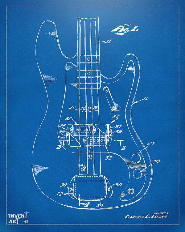Guitar Art Print featuring the digital art 1961 Fender Guitar Patent Minimal - Blueprint by Nikki Marie Smith