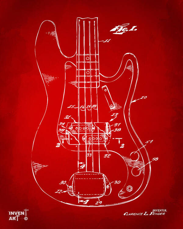 Guitar Art Print featuring the digital art 1961 Fender Guitar Patent Minimal - Red by Nikki Marie Smith