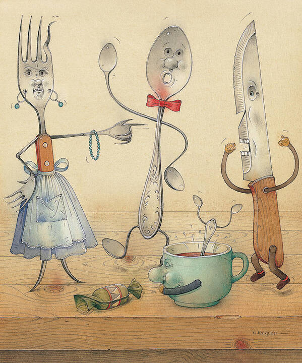 Kitchen Table Food Spoon Fork Knife Art Print featuring the painting Argument by Kestutis Kasparavicius