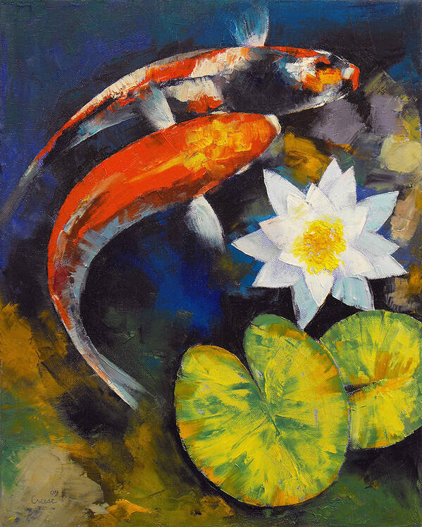 Water Lily Art Print featuring the painting Koi Fish and Water Lily #2 by Michael Creese