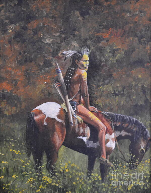 American Indian Sitting On A Painted Pony In The Woods Art Print featuring the painting Painted Pony by Martin Schmidt