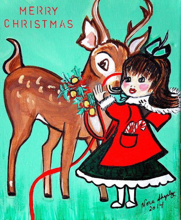 Little Girl With Reindeer Art Print featuring the painting Little Girl With Reindeer by Nora Shepley