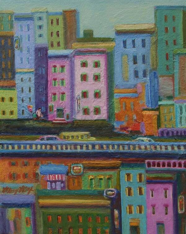 Cityscape Art Print featuring the painting A Fine Day for Balloons by Mary Wolf