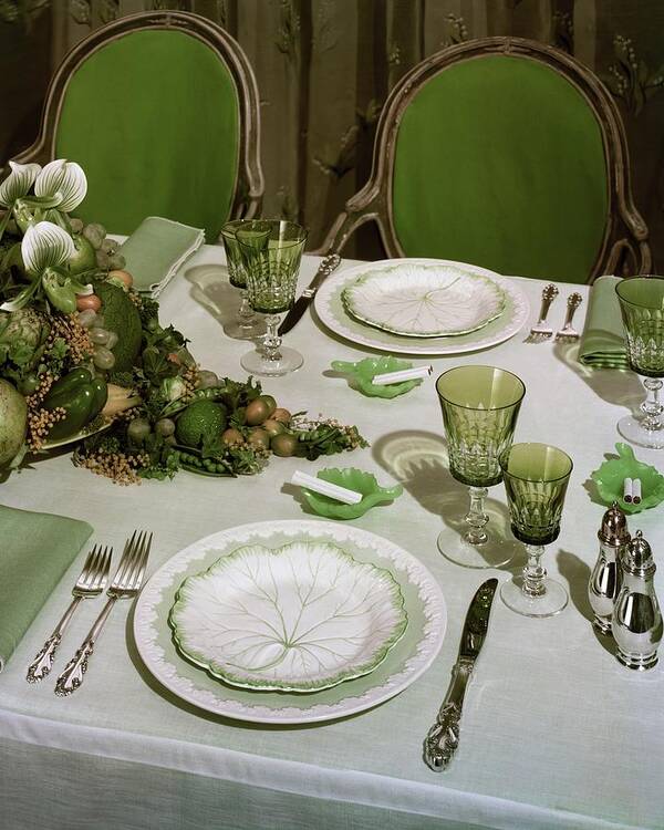 Indoors Art Print featuring the photograph A Green Table Setting by Wiliam Grigsby
