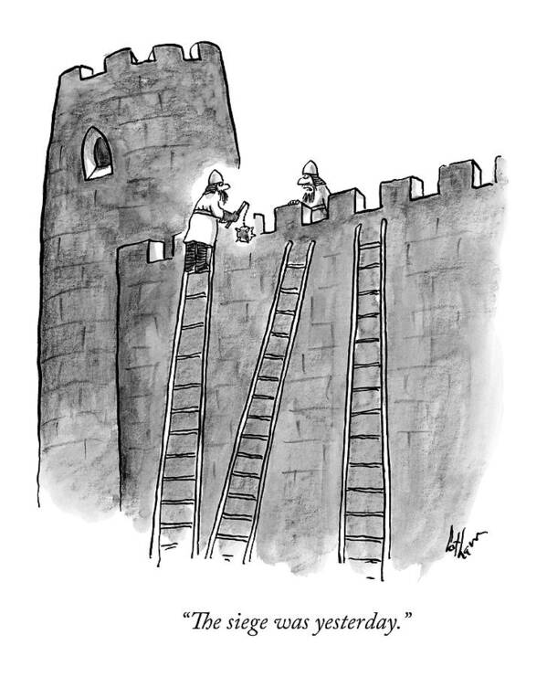 Sieges Art Print featuring the drawing A Lone Medieval Soldier Climbs The Ladder by Frank Cotham