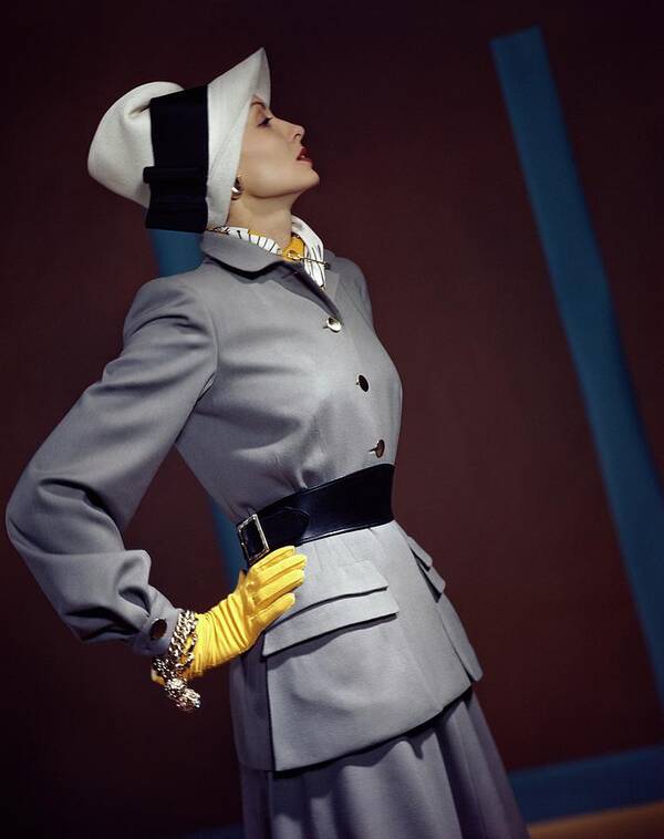 Skirt Suit Art Print featuring the photograph A Model In A Vogue Couturier Suit by Horst P. Horst