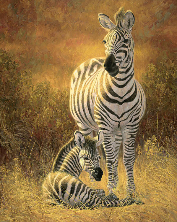 Burchell's Zebra Art Print featuring the painting A New Day by Lucie Bilodeau