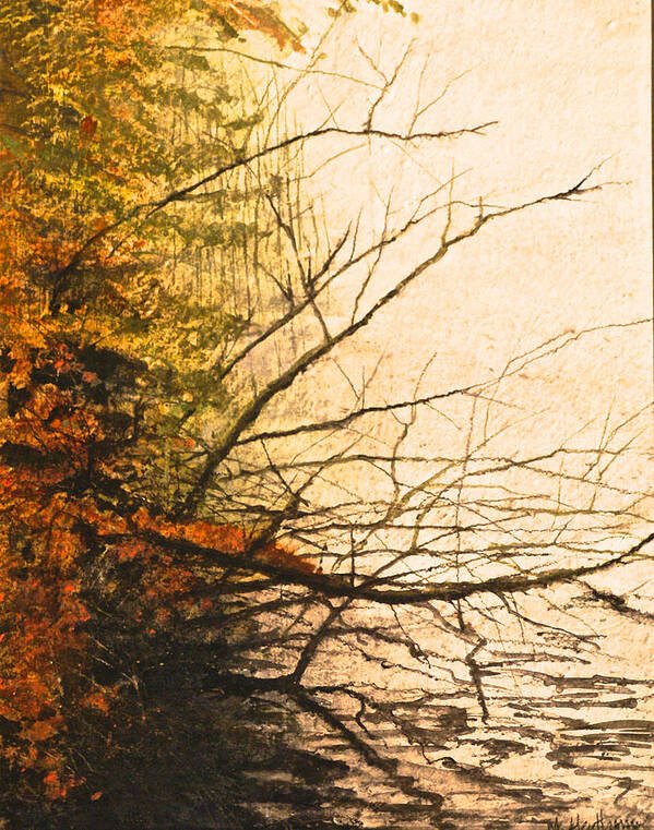 Landscape Art Print featuring the painting Anderson Lake in Fog Two by Mark Henthorn