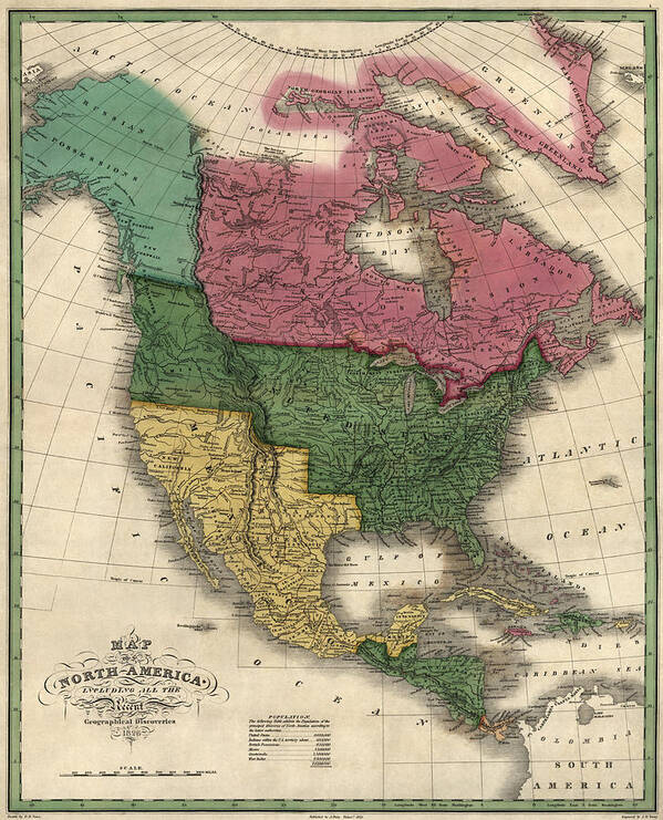 North America Art Print featuring the drawing Antique Map of North America by D. H. Vance - 1826 by Blue Monocle