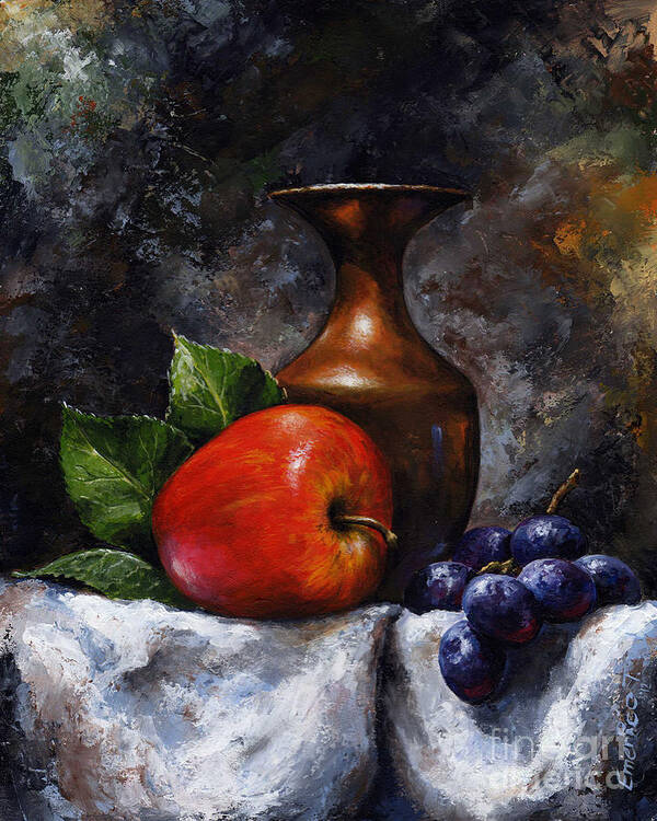 Fruit Painting Art Print featuring the painting Apple and grapes by Emerico Imre Toth