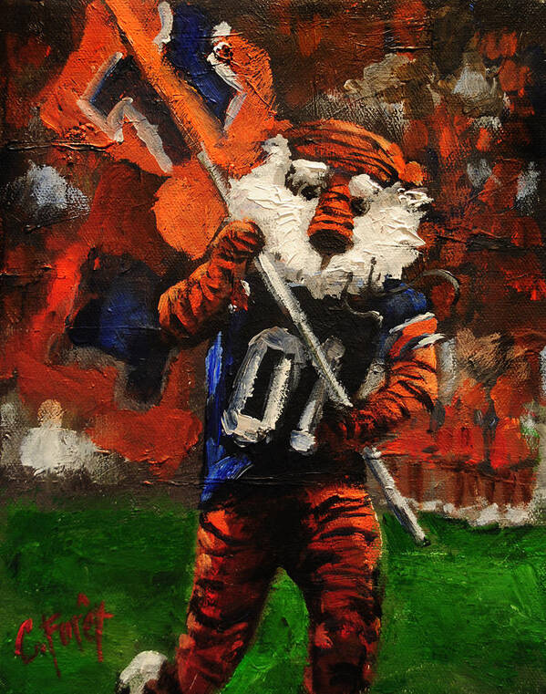 Mascot Art Print featuring the painting Aubie Running Flags by Carole Foret