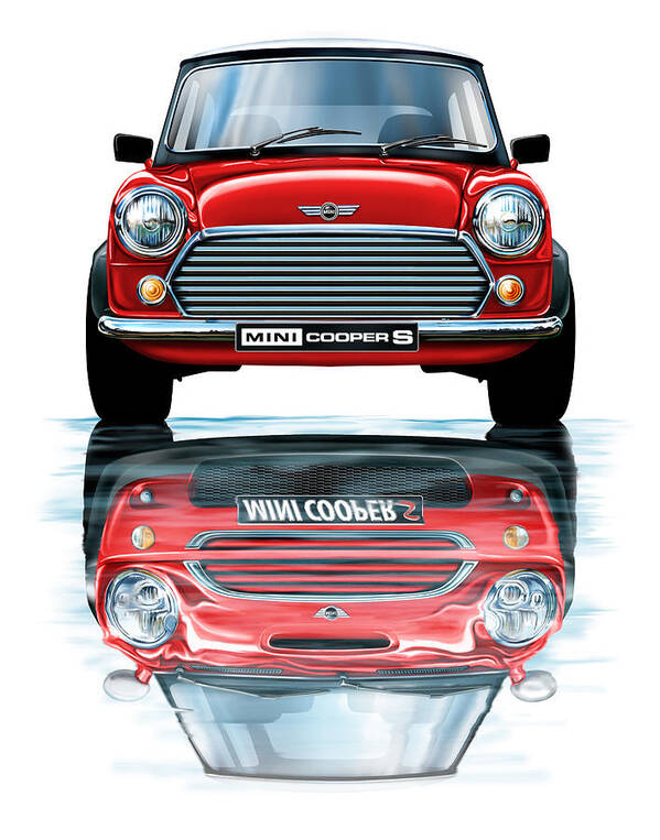 Bmw Art Print featuring the digital art Austin Mini Cooper with new BMW Mini Cooper Reflected by David Kyte