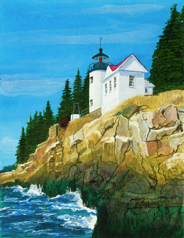 Lighthouse Art Print featuring the painting Bass Harbor Lighthouse by Mike Robles