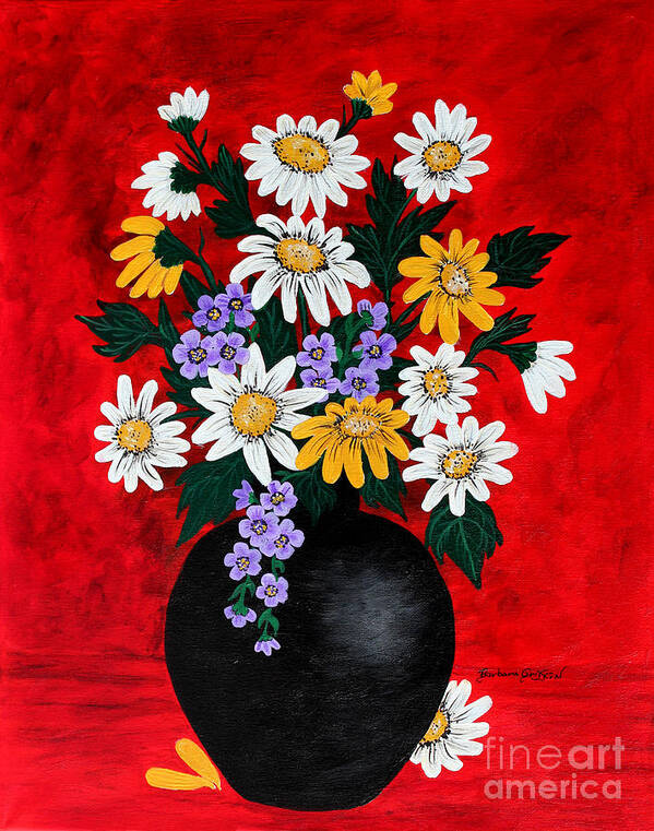 Barbara Griffin Art Print featuring the painting Black Vase with Daisies by Barbara A Griffin