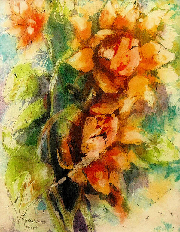 Blooming Art Print featuring the painting Blooming Flowers - Batik by Bernadette Krupa