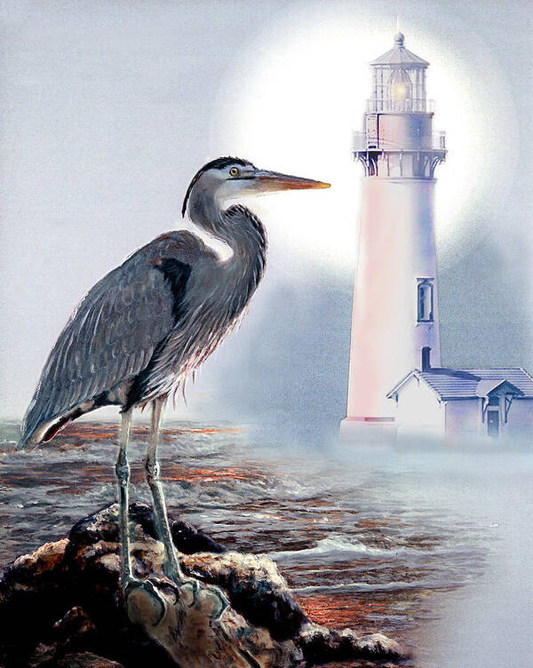  Architecture Art Print featuring the painting Blue heron In the circle of light by Regina Femrite