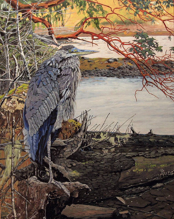 Blue Heron Landscape Wild Life Bird Painting Oil On Canvas Rob Owen Art Print featuring the painting Blue Heron by Rob Owen