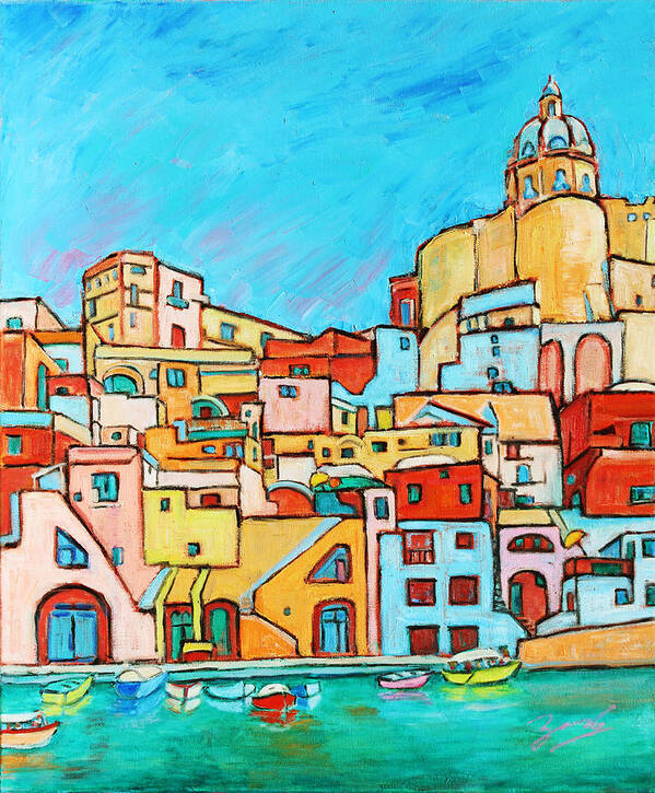 Campania Art Print featuring the painting Boats In Front of the Buildings VII by Xueling Zou