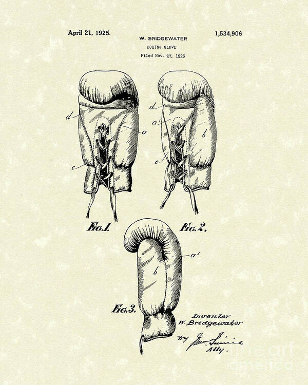 Bridgewater Art Print featuring the drawing Boxing Glove 1925 Patent Art by Prior Art Design