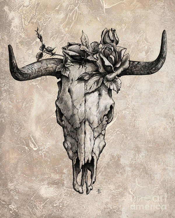 Bull Skull Art Print featuring the drawing Bull Skull and Rose by Emerico Imre Toth
