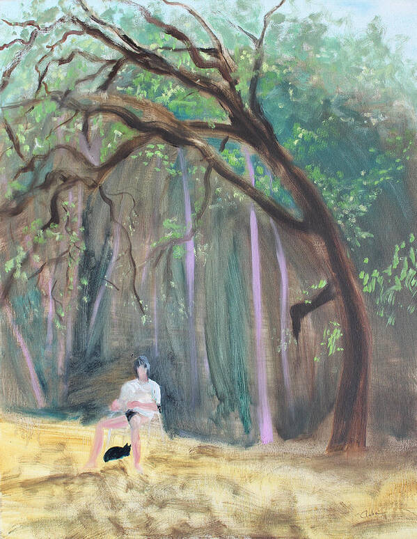 Landscape Painting Art Print featuring the painting Cat and Reading Man Under a Bay Tree by Asha Carolyn Young