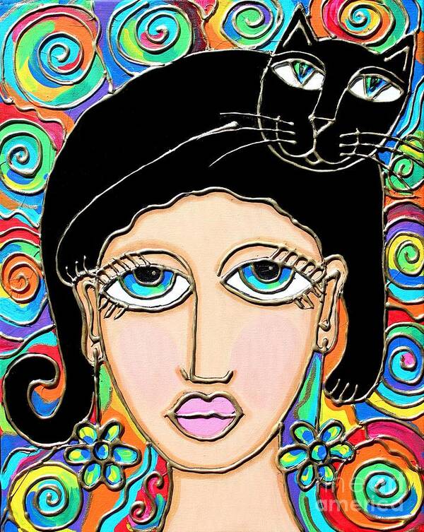 Cat Art Print featuring the painting Cat Lady with Black Hair by Cynthia Snyder
