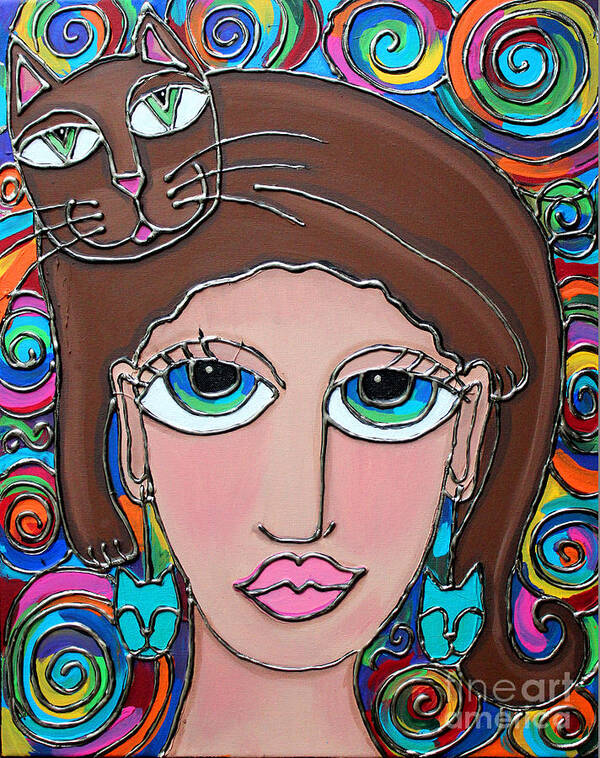 Cat Art Print featuring the painting Cat Lady with Brown Hair by Cynthia Snyder