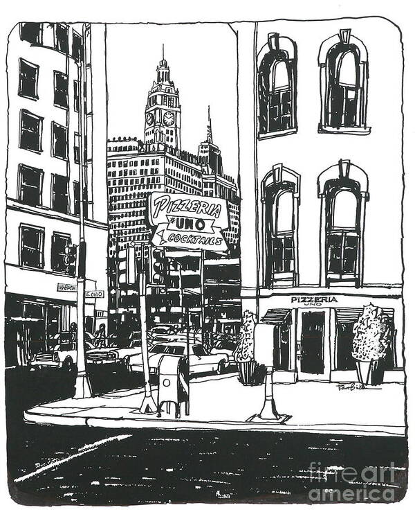 Chicago Pizzeria Uno Restaurant In The Downtown Loop Area - This Is The Very First Pizzeria Uno Restaurant Art Print featuring the drawing Chicago Pizzeria Uno original restaurant by Robert Birkenes