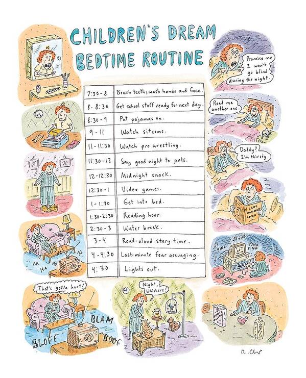 Children - General Art Print featuring the drawing Children's Dream Bedtime Routine by Roz Chast