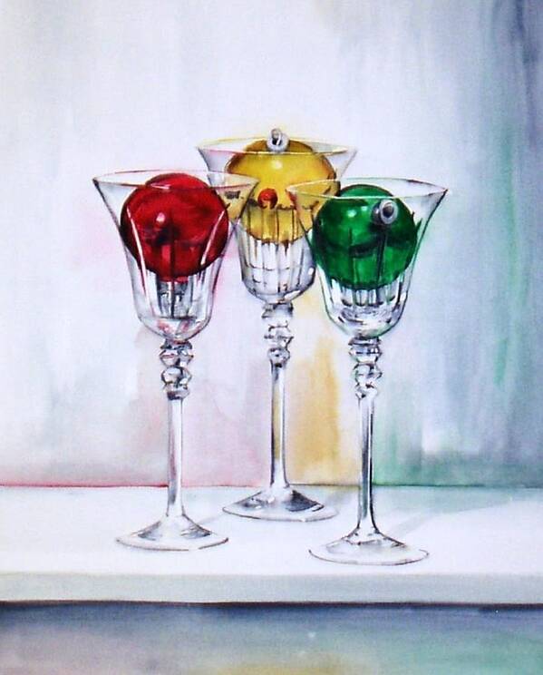 Christmas Art Print featuring the painting Christmas Ornaments in Wine Glasses by Jane Loveall
