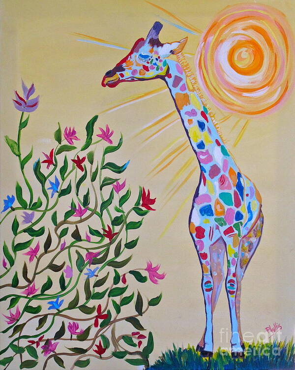 Grass Art Print featuring the painting Confused Giraffe by Phyllis Kaltenbach