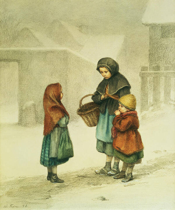 Basket Art Print featuring the painting Conversation in the Snow by Pierre Edouard Frere