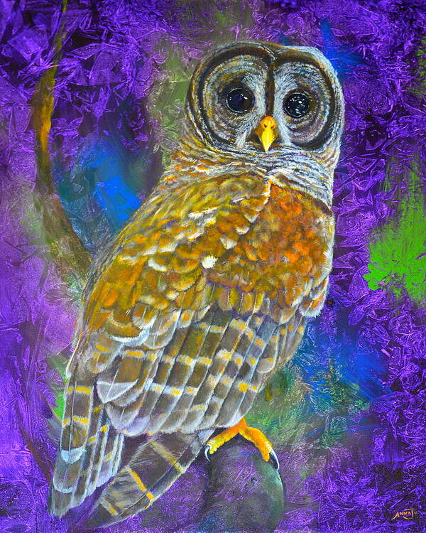 Barred Owl Art Print featuring the painting Cosmic Owl by AnnaJo Vahle