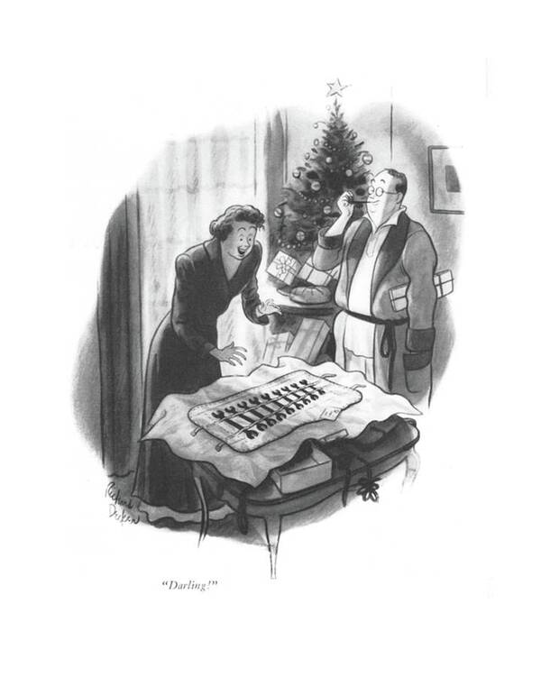 112375 Rde Richard Decker Wife Opens Christmas Present From Husband Which Is A Set Of Tools. Affection Christmas Claus Domestic ?x Gift Gifts Handy Holidays Husband Independence Love Marriage Married Matrimony Opens Present Presents Relations Relationships Repair Repairs Romance Santa Season Set Stuff Tool Tools Which Wife Wrench Wrenches Art Print featuring the drawing Darling! by Richard Decker