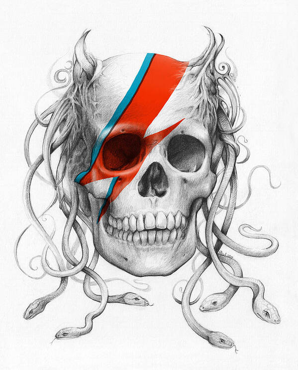 David Bowie Art Print featuring the drawing David Bowie Aladdin Sane Medusa Skull by Olga Shvartsur