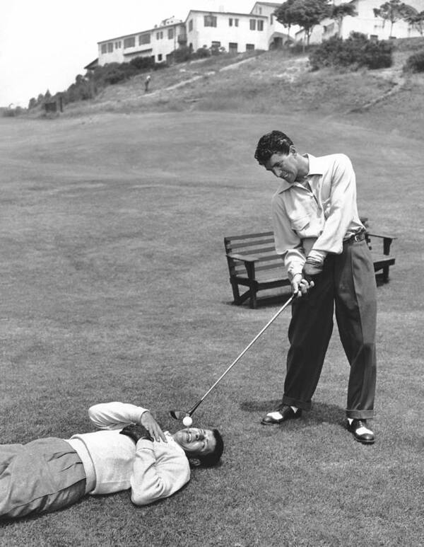 1953 Art Print featuring the photograph Dean Martin and Jerry Lewis Golf by Underwood Archives