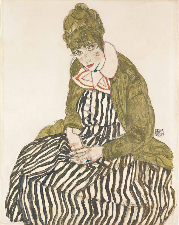 Egon Schiele Art Print featuring the painting Edith with Striped Dress Sitting by Celestial Images