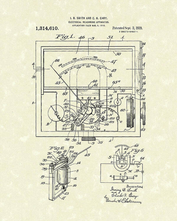 Smith Art Print featuring the drawing Electrical Meter 1919 Patent Art by Prior Art Design